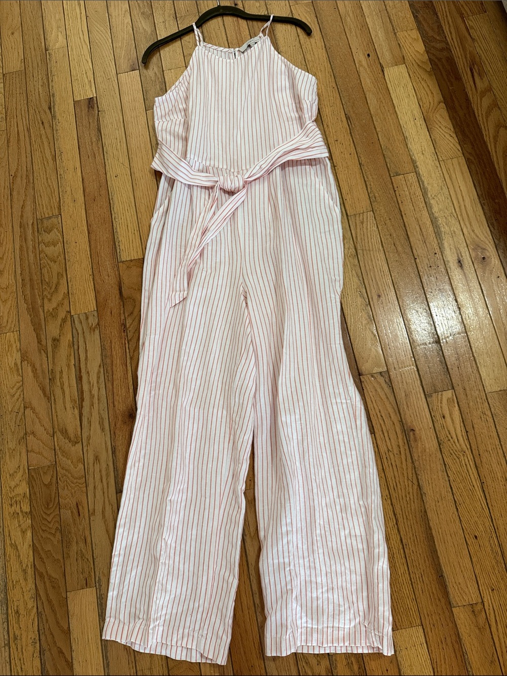 LOFT Coral and White Striped Halter Jumpsuit with Waist Tie